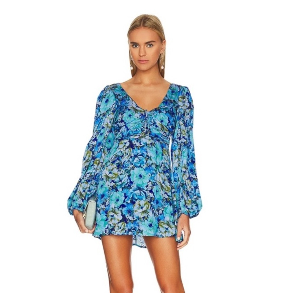For Love and Lemons Astor Floral Long Sleeve Mini Dress Blue